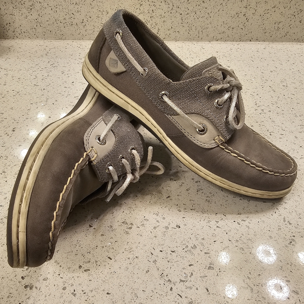Sperry boat shoes, women's size 7.5 in gray and glitter patches